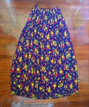 Vintage 70's Rhapsody Purple Maxi Pleated Stretch Waist Long Skirt Floral S Med